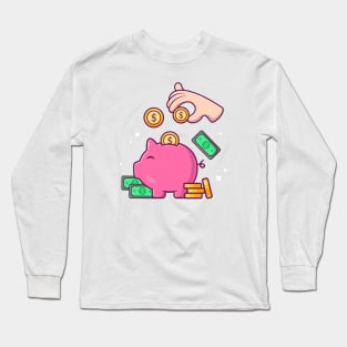 Hands put coins in a piggy bank cartoon Long Sleeve T-Shirt